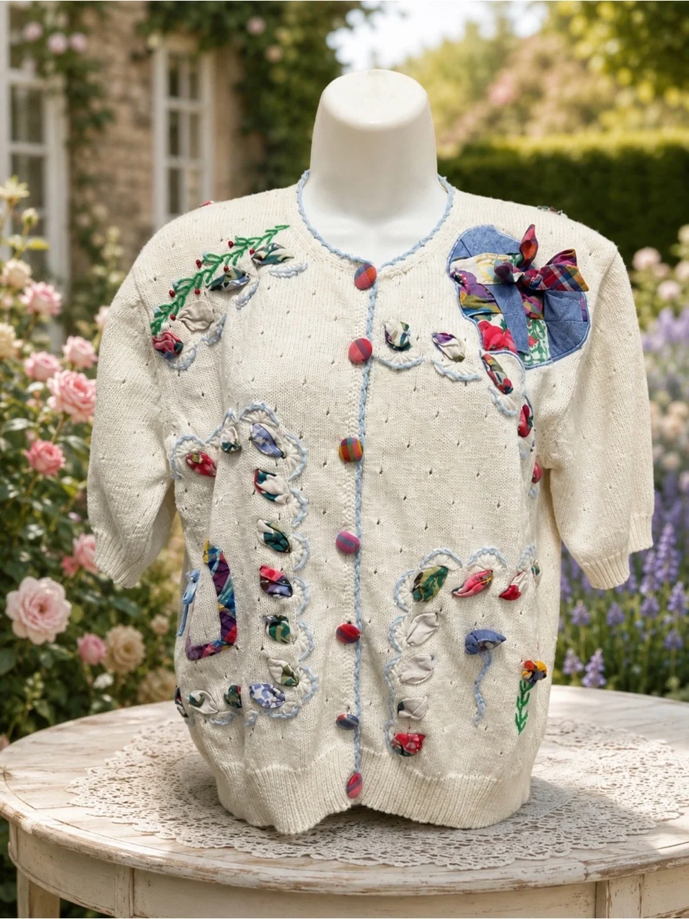 Vintage Embellished Cream Short-Sleeve Sweater Cardigan size small